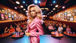 Photo of a blonde Barbie in pink attire at the Pembroke Pines Comedy Club. The image captures her on stage, engaging with the audience