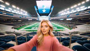 Photo of a blonde female in pink inside the AT&T Stadium in Dallas, Texas, before a game. The stadium interior is predominantly silver and bl8