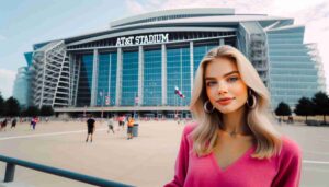 Photo of a blonde female in pink standing in front of the AT&T Stadium in Dallas, Texas. The image shows her posing or engaging with the came5