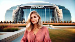 Photo of a blonde female in pink standing in front of the AT&T Stadium in Dallas, Texas. The image shows her posing or engaging with the came6
