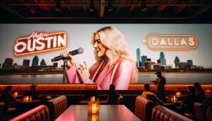 Photo of a famous blonde female Barbie in pink on stage at the Austin Comedy Club in Dallas, Texas. The image captures her performing with 1