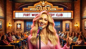 Photo of a famous blonde female Barbie in pink on stage at the Fort Worth Comedy Club. The image captures her performing with a microphone,1 Photo of a famous blonde female Barbie in pink on stage at the Fort Worth Comedy Club. The image captures her performing with a microphone,1