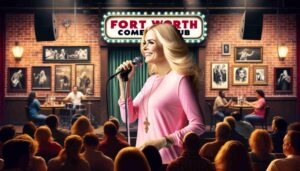 Photo of a famous blonde female Barbie in pink on stage at the Fort Worth Comedy Club. The image captures her performing with a microphone,2 Photo of a famous blonde female Barbie in pink on stage at the Fort Worth Comedy Club. The image captures her performing with a microphone,2