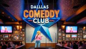 Photo of a famous blonde female Barbie in pink, performing on stage inside the Dallas Comedy Club, Texas. The club has a blue star and silv1