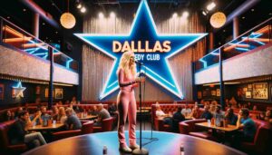 Photo of a famous blonde female Barbie in pink, performing on stage inside the Dallas Comedy Club, Texas. The club has a blue star and silv2