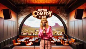 Photo of a famous blonde female Barbie in pink, performing onstage at the Austin Comedy Club. The club's interior features a burnt orange a4