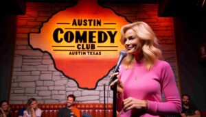 Photo of a famous blonde female Barbie in pink, performing onstage at the Austin Comedy Club. The club's interior features a burnt orange a5