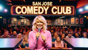 Photo of a famous blonde female Barbie in pink, performing onstage at the San Jose Comedy Club. The image captures her engaging with the au2