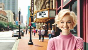 Photo of a famous blonde female Barbie in pink, standing outside the Columbus Comedy Club in Ohio. The image captures her on the sidewalk, 4