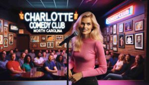 Photo of an attractive blonde female Barbie on stage at the Charlotte Comedy Club in North Carolina. She's wearing pink and performing her 1