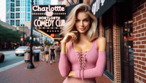 Photo of an attractive blonde female Barbie outside the Charlotte Comedy Club in North Carolina. She's dressed in pink and standing confide3