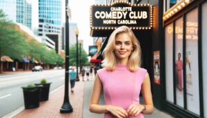 Photo of an attractive blonde female Barbie outside the Charlotte Comedy Club in North Carolina. She's dressed in pink and standing confide4