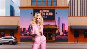 Photo of the famous blonde female Barbie in pink, outside the Austin Comedy Club in Dallas, Texas. The image shows her on the sidewalk, wit2