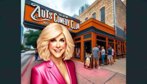 Photo of the famous blonde female Barbie in pink, outside the Austin Comedy Club on the sidewalk. The club's exterior features a burnt oran6