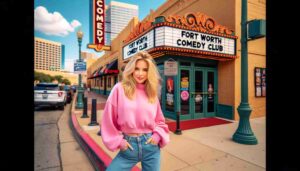 Photo of the same blonde female Barbie in pink outside the Fort Worth Comedy Club. The image captures her on the sidewalk in front of the c3 Photo of the same blonde female Barbie in pink outside the Fort Worth Comedy Club. The image captures her on the sidewalk in front of the c3