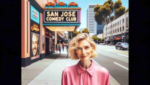 Photo of the same blonde female Barbie in pink, standing outside the San Jose Comedy Club. The image shows her on the sidewalk, with the ex4