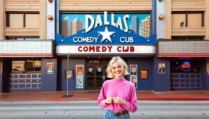 Photo of the same famous blonde female Barbie in pink, outside the Dallas Comedy Club, Dallas, Texas. The image should have the correct spe3