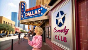 Photo of the same famous blonde female Barbie in pink, outside the Dallas Comedy Club, Dallas, Texas. The image should have the correct spe4