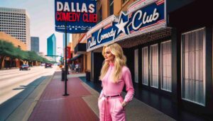 Photo of the same famous blonde female Barbie in pink, outside the Dallas Comedy Club, Texas. The club's exterior with blue star and silver3
