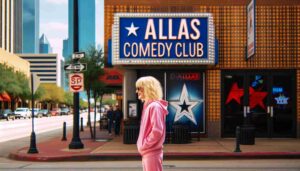 Photo of the same famous blonde female Barbie in pink, outside the Dallas Comedy Club, Texas. The club's exterior with blue star and silver4