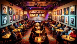 The Chesapeake Bay Comedy Club has a cozy, vibrant interior with dim, warm lighting. The small, well lit stage is the focal point. Wal4