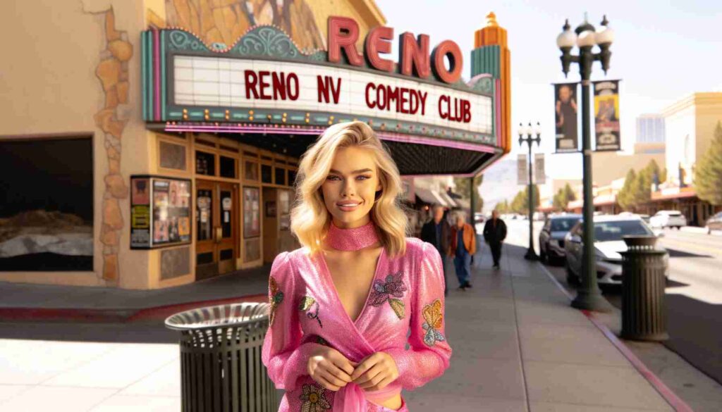 The same young, attractive blonde Barbie, wearing her eye catching pink outfit, stands on the sidewalk in front of the Reno NV Comed4