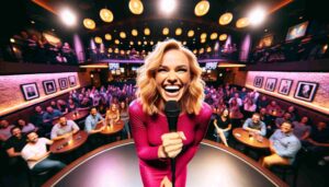Wide aspect interior view of the Montgomery Comedy Club showing a young blonde female Barbie on stage, laughing. She's wearing a vib4 Wide aspect interior view of the Montgomery Comedy Club showing a young blonde female Barbie on stage, laughing. She's wearing a vib4