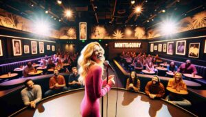 Wide aspect interior view of the Montgomery Comedy Club showing a young blonde female Barbie on stage, laughing. She's wearing a vib5 Wide aspect interior view of the Montgomery Comedy Club showing a young blonde female Barbie on stage, laughing. She's wearing a vib5